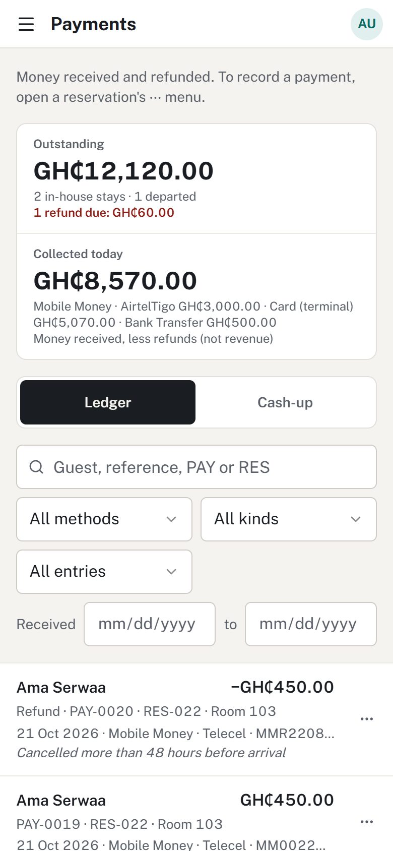 Payments on a phone: money outstanding, and Mobile Money payments with their provider
